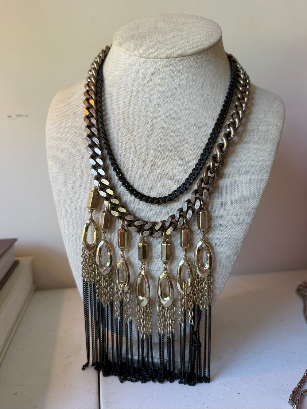Stella & Dot Layered Two-Tone Fringe Statement Necklace - Gold & Black